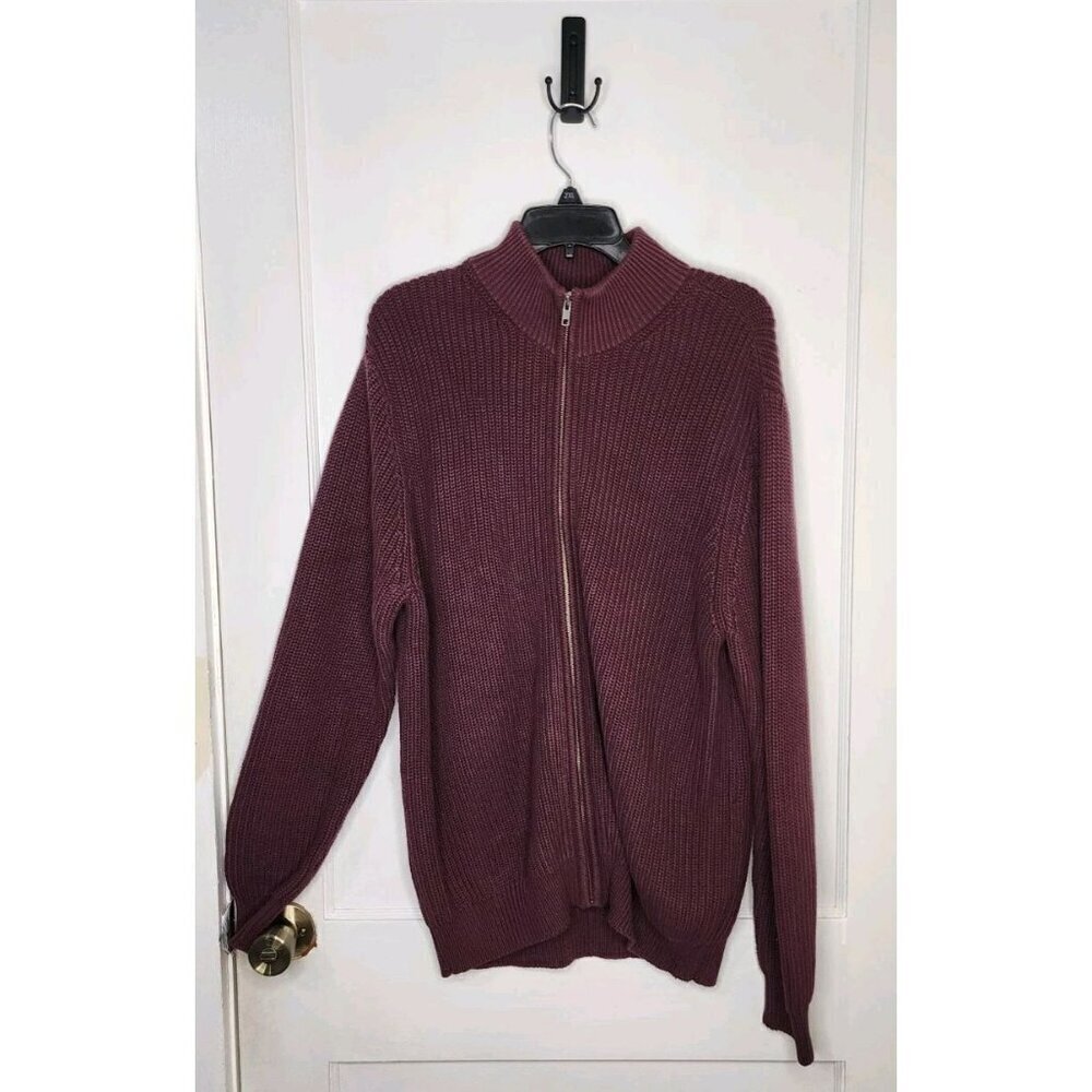 LL BEAN Full Zip Sweater Men’s XL Purple Ribbed Cotton Banded Sleeves 0 FHT4